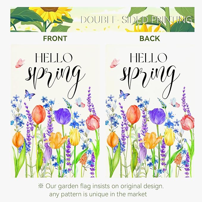 Hello Spring Garden Flags Tulip Lavender Yard Flag Butterflies Floral Seasonal Garden Flags Welcome Spring Flowers Rustic Home Banner for Outdoor House Summer Decoration
