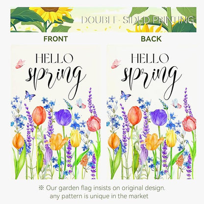 Hello Spring Garden Flags Tulip Lavender Yard Flag Butterflies Floral Seasonal Garden Flags Welcome Spring Flowers Rustic Home Banner for Outdoor House Summer Decoration