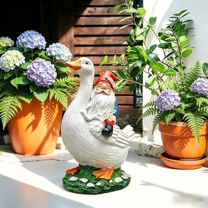 Garden Gnomes Outdoor, Funny Lawn Gnome Statue Decorations, Solar Gnome Riding Goose Figurines Ornament for Patio, Balcony, Yard - Mothers Day Gifts for Women, Mom, Grandma