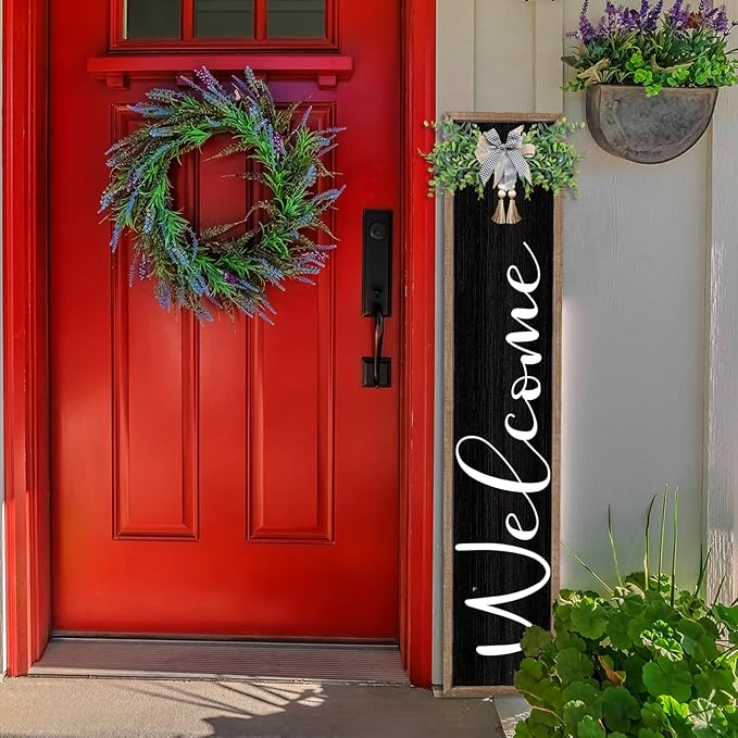 flowtorely Outdoor Welcome Sign for Front Porch Standing 45"×9" Vertical Leaner Wood Frame Tall Outside Rustic Large farmhouse Home Decor Welcome Sign for Front Door Decorations (Wood Black)