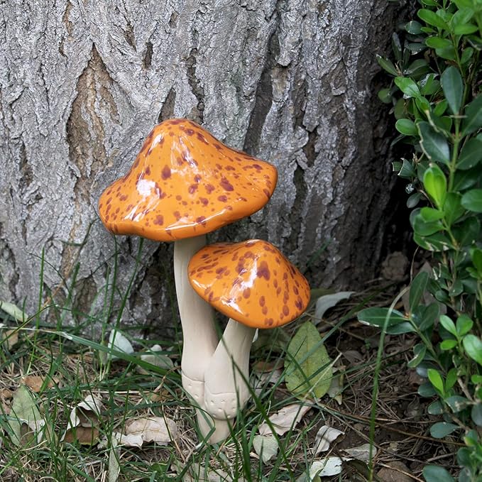 Ceramic Mushroom Outdoor Decor - 2pcs Mushroom Statue Decor for Garden, Lawn, Flower Pot Fairy Garden Stake 8.27'' in Height