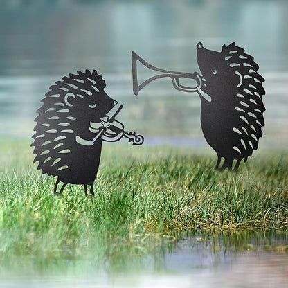 2 PCS Hedgehog Silhouette Yard Art Garden Decorative Stake Hollow Out Animals Silhouette Statue Decor, Black Hedgehog Statue Sets for Pathway, Floor, Garden, Lawn, Outdoor Decoration