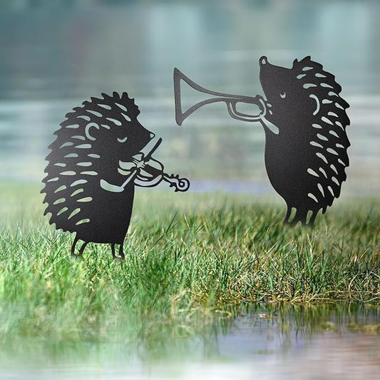 2 PCS Hedgehog Silhouette Yard Art Garden Decorative Stake Hollow Out Animals Silhouette Statue Decor, Black Hedgehog Statue Sets for Pathway, Floor, Garden, Lawn, Outdoor Decoration