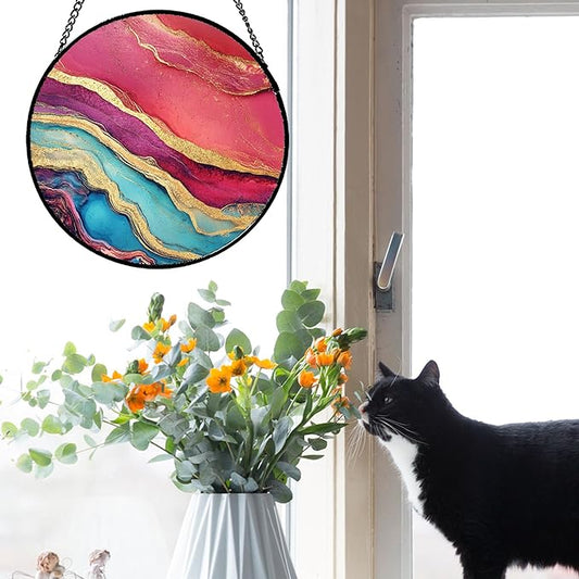 CHATYOUNG Stained Glass Window Hanging Abstract Red Gold 7.8" - Suncatcher Door Garden Sunroom Sun Catcher Decor Housewarming Christmas Birthday for Mom Grandma Nana Woman Home Owner Friend