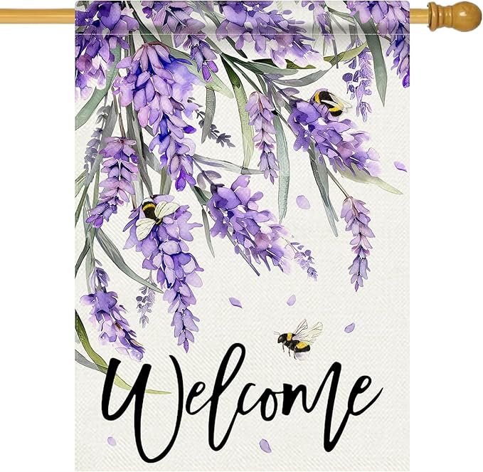 Welcome Spring Lavender Decorative House Flag, Purple Floral Flowers Bee Garden Yard Outside Decorations, Summer Farmhouse Outdoor Large Home Decor Double Sided 28 x 40
