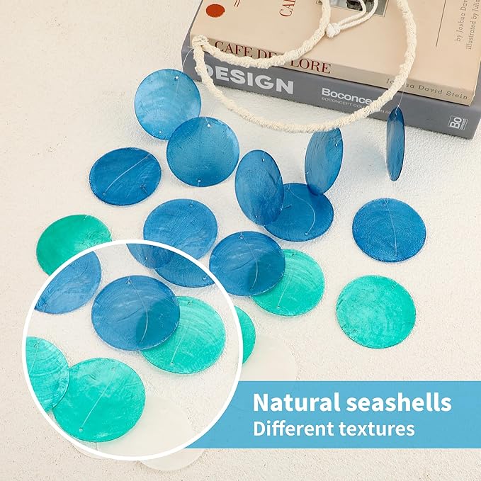 Capiz Wind Chimes for Outside, Outdoor Seashell Hanging Beach Coast Ocean Home Decorative, Unique Natural Shell Waterfall Windchimes for Summer Patio, Great Memorial Gift（Gradient Blue