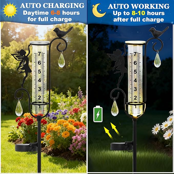 J-Fly Glass Weather Station with Rain Gauge for Solar Yard Decorations, Solar Glass Freeze Proof Rain Measure Gauge Outdoor Stratus Raingage Garden Stakes, Outdoor Yard Fairy Garden Decor Accessories