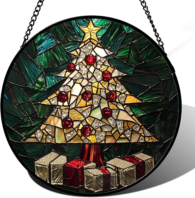 Stained Glass Window Hanging - Golden Christmas Tree Suncatcher for Doors Home Christmas Decoration Winter Sun Catcher Thanksgiving New Year Birthday Gifts for Women Men Mom Nana Girl 11.8 in