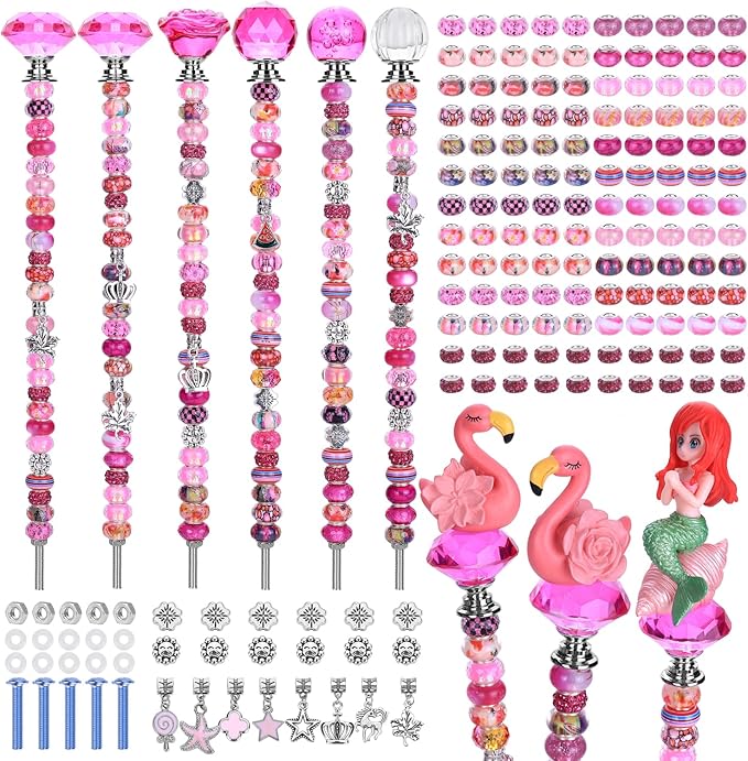 AIPRIDY 158 Pcs DIY Fairy Wand Garden Stakes Kit,Multiple Color Scheme European Beads Crystal Diamond Tops and 12 or 10 Inch Threaded Rods,Stainless Steel Stakes with Diamond Toppe(Rose Red)