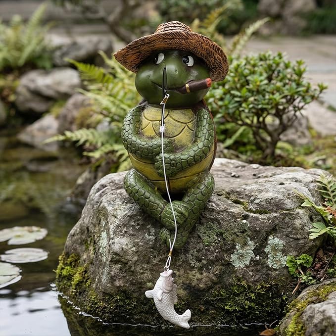 Elenon Fishing Turtle Garden Statue, 9" Turtle with Pole Decor for Koi Pond Waterfalls, Adorable Flower Bed Outdoor Yard Patio Art Decorative Sculptures Table Ornament