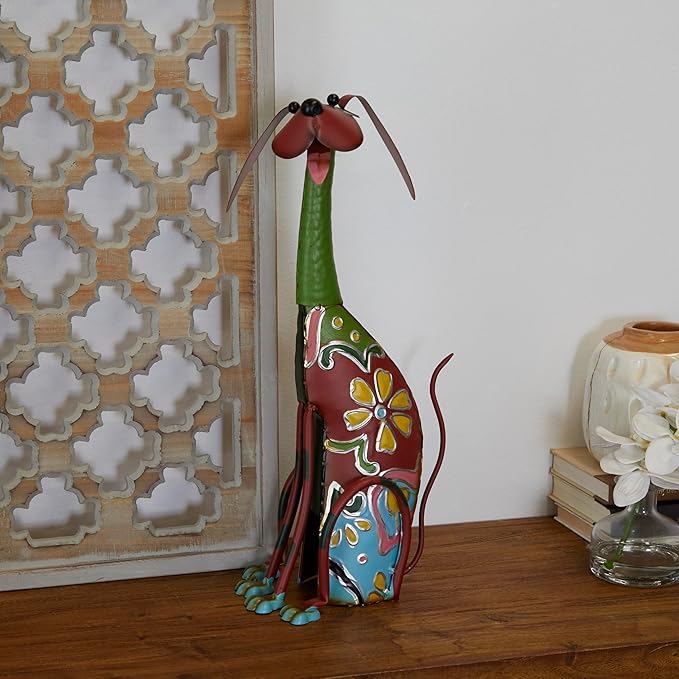 Deco 79 Metal Dog Decorative Garden Sculpture Indoor Outdoor Garden Statue with Floral Pattern, Outdoor Sculpture 7" x 11" x 17", Multi Colored