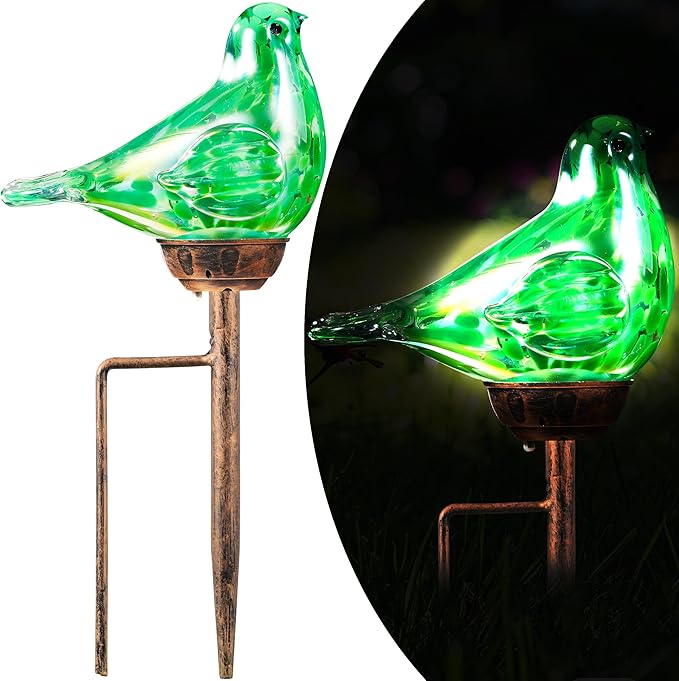 Solar Bird Garden Stake Lights - Hand Blown Glass Decorative Garden Pathway Lights Outdoor Waterproof Bird Glass Stakes (Green)
