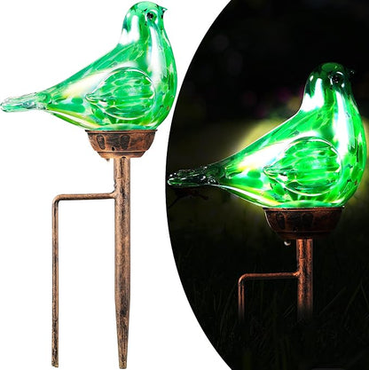 Solar Bird Garden Stake Lights - Hand Blown Glass Decorative Garden Pathway Lights Outdoor Waterproof Bird Glass Stakes (Green)