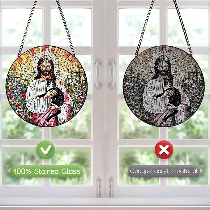 Stained Glass Window Hanging, 8 Inch Jesus Black Cat Suncatcher, Sun Catchers Indoor Window, Flowers Birds Cross Religious Home Garden Decor Glass Panel, Easter Faith Christian Gifts for Women Men