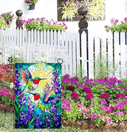 Spring Summer Hummingbird Garden Flag Double Sided 12x18 Inch, Stained Glass Hummingbird Purple Flowers Yard Flag Seasonal Farmhouse Outside Outdoor Decoration