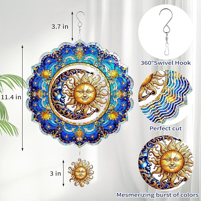 Sun and Moon Wind Spinners Outdoor Hanging - 12 inch Sun Outdoor Metal Decor Birthday Gifts for Women Mom Grandma,3D Wind Sculptures Art for Yard and Garden Patio Lawn Balcony Porch Decorations