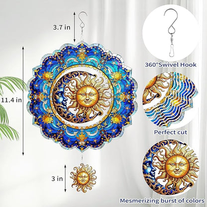 Sun and Moon Wind Spinners Outdoor Hanging - 12 inch Sun Outdoor Metal Decor Birthday Gifts for Women Mom Grandma,3D Wind Sculptures Art for Yard and Garden Patio Lawn Balcony Porch Decorations