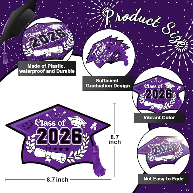 Chunful 12 Pack Graduation Yard Signs Grad Decoration 2026 Happy Graduate Lawn Garden Sign with Stake Congrats Outdoor Plastic Cap Hanging Ornament for Class Pathway Walkway Porch Party(Purple)