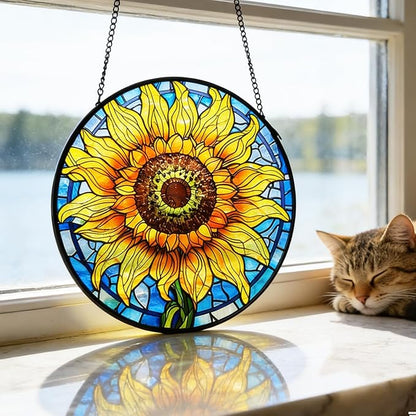 Sunflower Decor Suncatcher Stained Glass Window Hanging 7.87” Handmade Garden Suncatchers for Windows Hanging - Sun Catchers Wall Art Glass Panel Gifts for Mother's Day Christmas Birthday ﻿