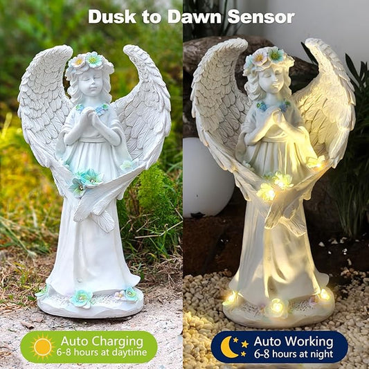 VEEKI Solar Angel Garden Statue Outdoor, Praying Angel Statues Solar Figurine Lights Outdoor Waterproof, Resin Angel Sculpture for Garden Yard Lawn Grave Cemetery Decor, Gift for Mom Grandma Women
