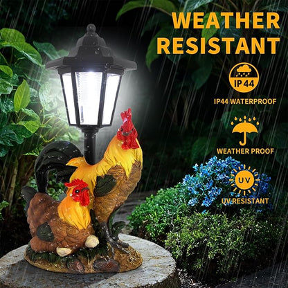 Solar Rooster Decor Outdoor, Chicken Figurines Decorations with Lantern for Outside Patio Yard Backyard Gifts for Mother's Day Birthday Housewarming