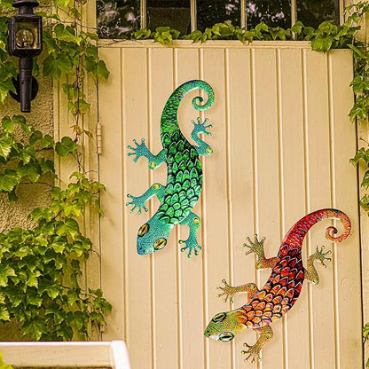 Pipilily 2 Pack Metal Gecko Wall Art, Metal Lizard Indoor Outdoor Hanging Sculpture Decor for Garden Yard Living Room Bedroom Patio Balcony (Style 3)