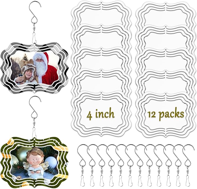12 Pack 4inch Sublimation Wind Spinner Blanks 3D Aluminum Metal Wind Sculpture Kinetic Spinners for Yard Garden Indoor Art Sublimation Christmas Ornament Hanging Decoration (Photo Frame)
