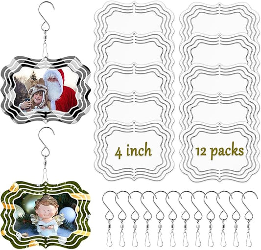 12 Pack 4inch Sublimation Wind Spinner Blanks 3D Aluminum Metal Wind Sculpture Kinetic Spinners for Yard Garden Indoor Art Sublimation Christmas Ornament Hanging Decoration (Photo Frame)