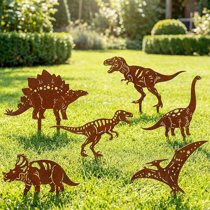 6 Pcs Rusty Dinosaur Garden Statues Decor Metal Porch Dinosaurs Stake Outdoor Lawn Decor Decorative Dinosaur Lovers Gift Real Rust Yard Sign for Yard Patio Garden Pathway Courtyard