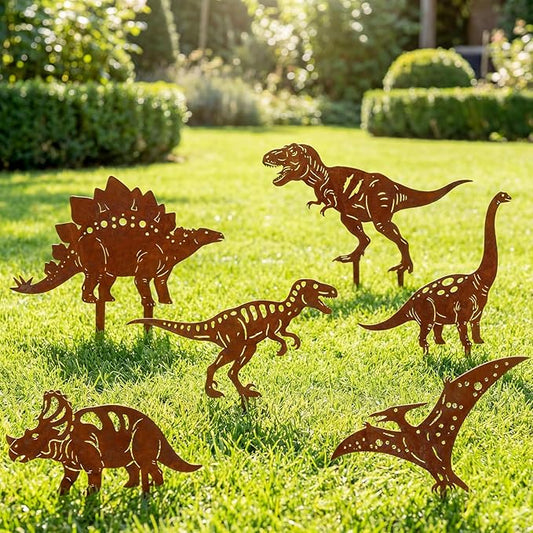6 Pcs Rusty Dinosaur Garden Statues Decor Metal Porch Dinosaurs Stake Outdoor Lawn Decor Decorative Dinosaur Lovers Gift Real Rust Yard Sign for Yard Patio Garden Pathway Courtyard