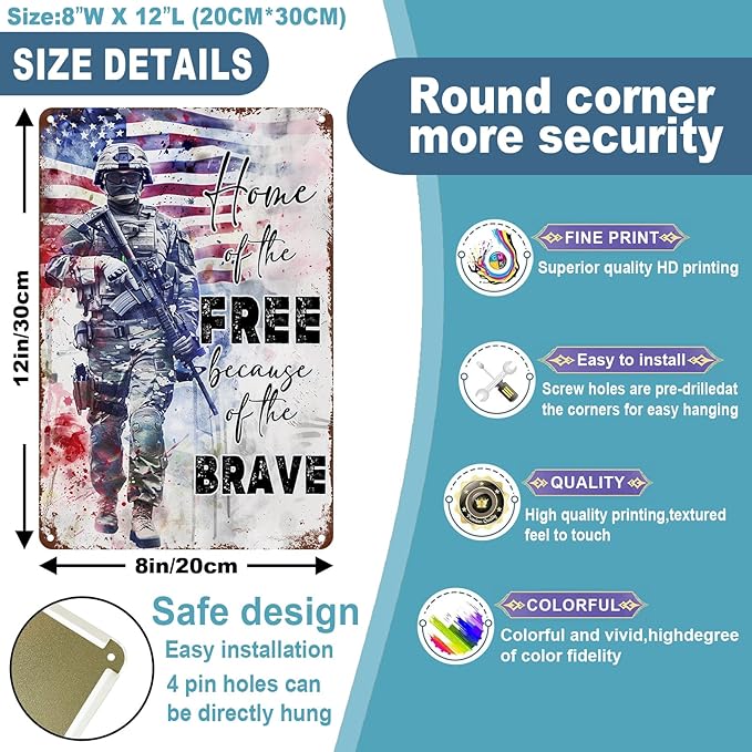 Memorial Day Metal Sign Veteran Soldiers Tin Sign Home Of The For Outdoor Independence Day Decorations For Farmhouse Holiday Summer Outside 8x12 inch