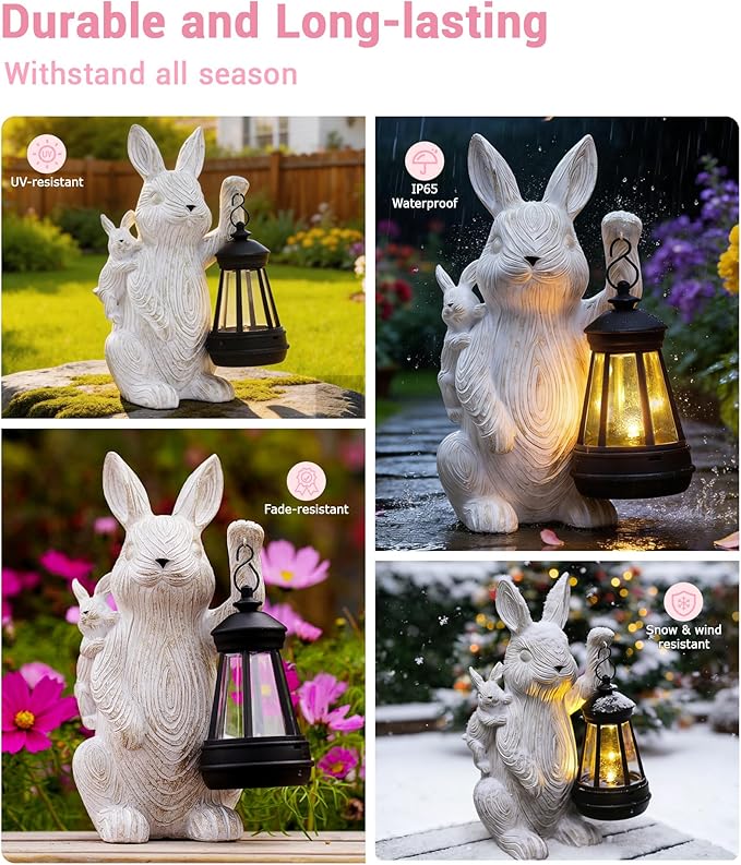 Nacome Solar Bunny Outdoor Garden Statues: Outside Decor with Lantern for Yard Art Lawn Ornaments Porch Patio Balcony - Birthday Gifts for Mom Women Grandma