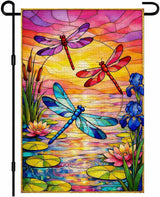 IVN Dragonfly Garden Flag 12x18 Inch – Sunset Lake Stained Glass Style Outdoor Flag, Double Sided Burlap Yard Flag for Porch Lawn Patio Decorative