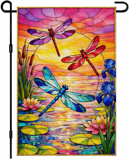IVN Dragonfly Garden Flag 12x18 Inch – Sunset Lake Stained Glass Style Outdoor Flag, Double Sided Burlap Yard Flag for Porch Lawn Patio Decorative