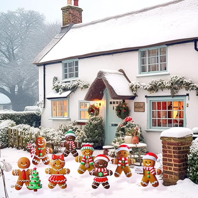 8 Pcs Christmas Gingerbread Man Yard Signs with Stakes Outdoor 3D Gingerbread House Decoration Xmas Yard Stakes Lawn Signs for Christmas Holiday Pathway Garden Patio Party Favors(Classic)