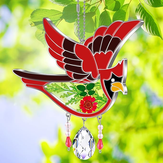 KY&BOSAM Crystal Cardinal SuncatcherStained Glass Hand Painted Color Sun Catcher for Windows Hangings Ornament with Pressed Flower and Heart Charm Gifts for Mom Mothers Day Birthday Christmas Decor