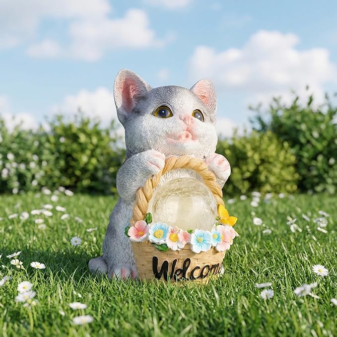 Solar Garden Welcome Statue with LED Light, Outdoor Decorative Animal Figurines, 8-10 Hour Working Time, Floral Basket Design, Lawn Yard Decor (Cat)