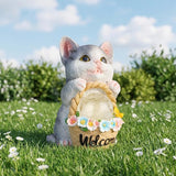 Solar Garden Welcome Statue with LED Light, Outdoor Decorative Animal Figurines, 8-10 Hour Working Time, Floral Basket Design, Lawn Yard Decor (Cat)