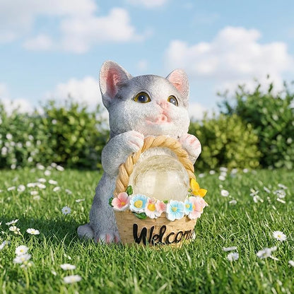 Solar Garden Welcome Statue with LED Light, Outdoor Decorative Animal Figurines, 8-10 Hour Working Time, Floral Basket Design, Lawn Yard Decor (Cat)
