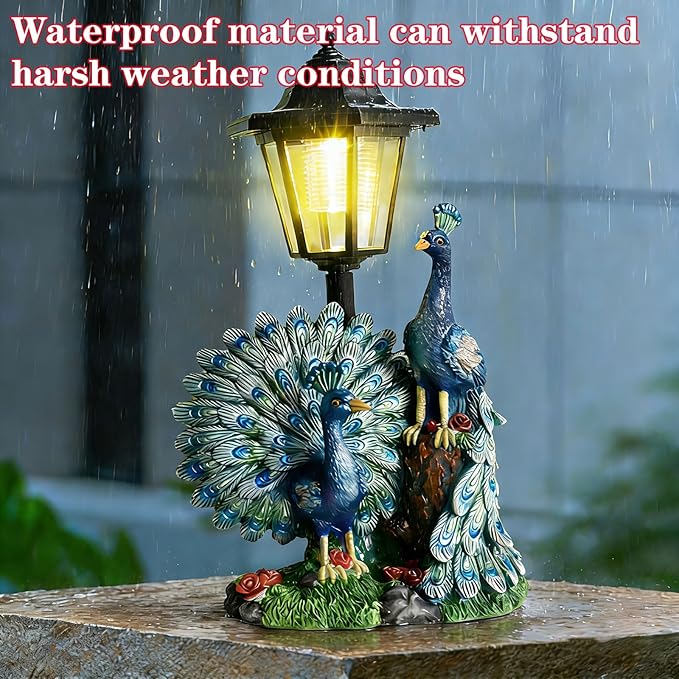 Solar Peacock Statue for Outdoor Garden Decor, 14.2 Inch Outside Peacock Ornaments with Lantern for Garden, Balcony, Patio, Yard, Lawn -Birthday Gifts for Women Grandparents