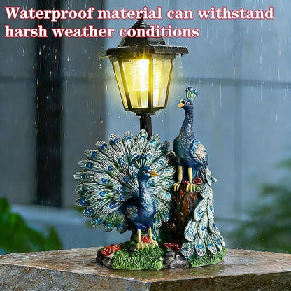 Solar Peacock Statue for Outdoor Garden Decor, 14.2 Inch Outside Peacock Ornaments with Lantern for Garden, Balcony, Patio, Yard, Lawn -Birthday Gifts for Women Grandparents