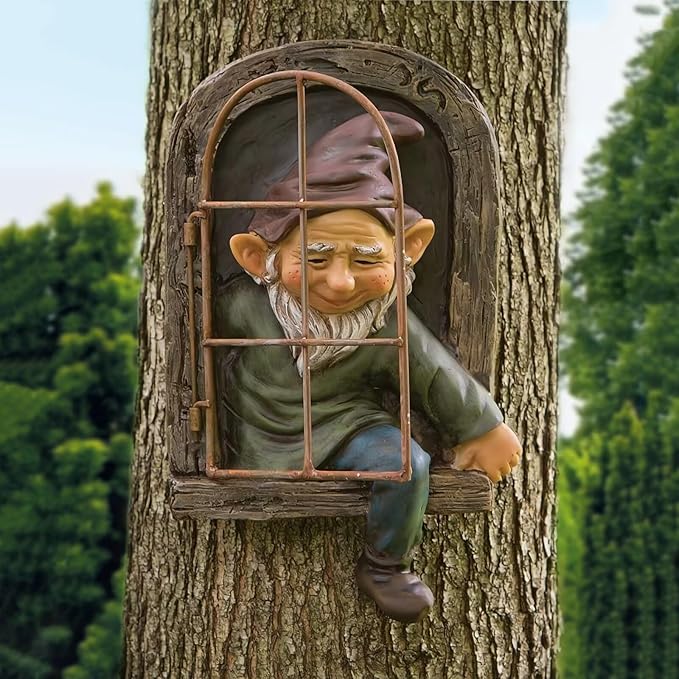 Elf Out of Door Tree Hugger 12-inch, Gnome Statue Tree Face Garden Decoration for Yard, Patio, Gnome Outdoor Clearance Large Ornaments, Garden Peeker Yard Art