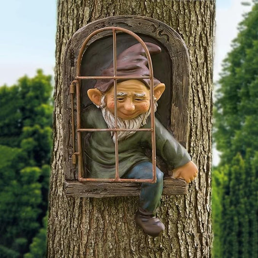 Elf Out of Door Tree Hugger 12-inch, Gnome Statue Tree Face Garden Decoration for Yard, Patio, Gnome Outdoor Clearance Large Ornaments, Garden Peeker Yard Art