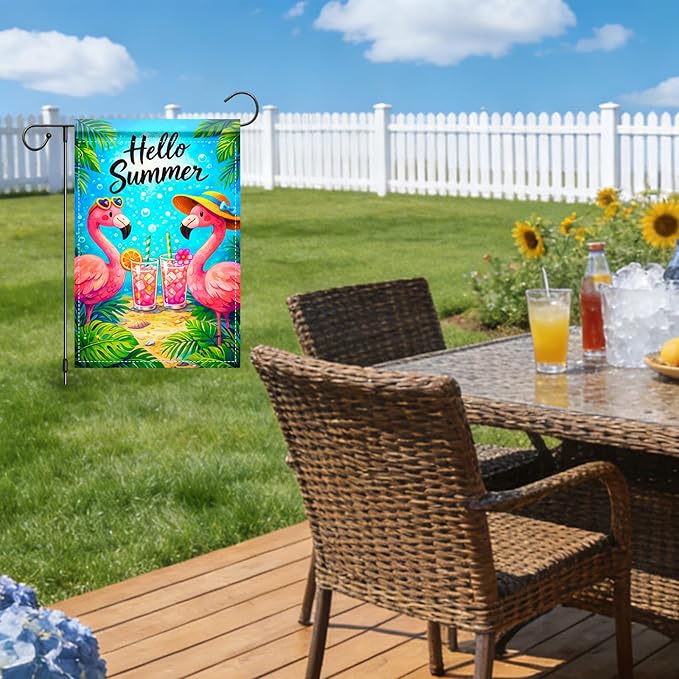 Nuxovilar Summer Garden Flag Hello Summer Flamingo Drink Tropical Pattern Polyester 12x18 Inches Garden Flags for Outside Seasonal Decor Yard Porch Lawn