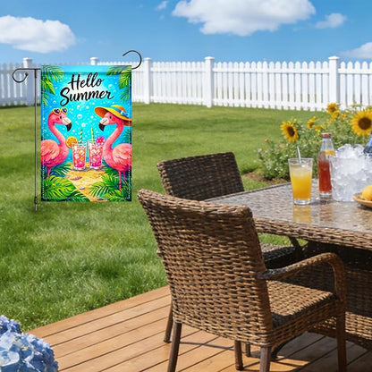 Nuxovilar Summer Garden Flag Hello Summer Flamingo Drink Tropical Pattern Polyester 12x18 Inches Garden Flags for Outside Seasonal Decor Yard Porch Lawn