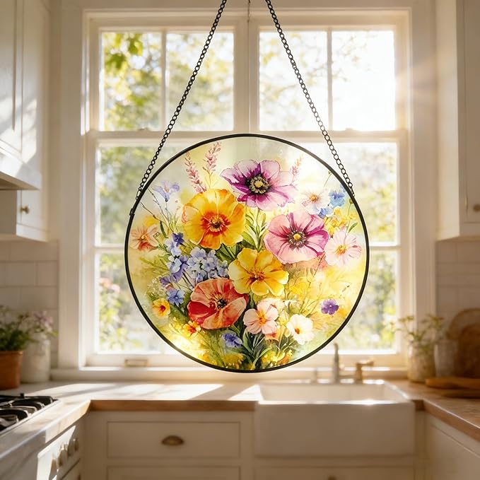 Stained Glass Window Hanging, 9.8 Inch Poppy & Wildflower Suncatcher for Window Hanging, Vibrant Glass Art for Garden Home Window Decor, Gift for Mom, Grandma, Wife, Nana
