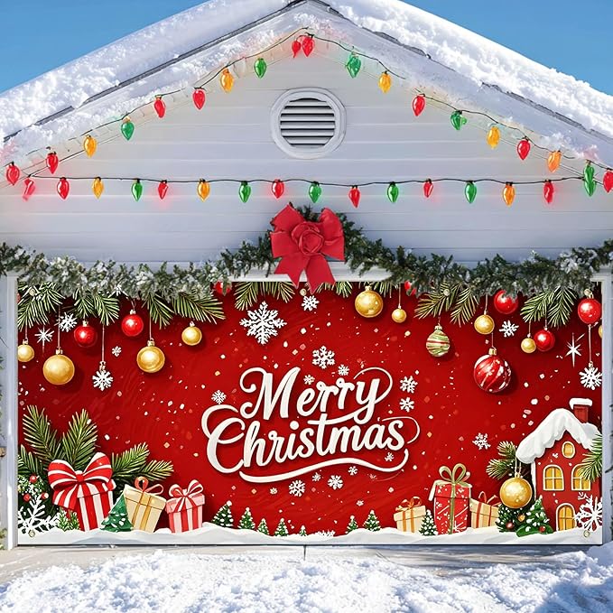 IVN Christmas Garage Door Cover Decoration 13x6ft Red Background Pine Garland Gifts and Gold Ornaments Merry Christmas Winter Garage Door Banner Home Door Front Yard Decor for Xmas Eve Holiday Outdoor