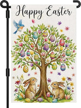Happy Easter Garden Flag 12 x 18 Inch Double Sided Outside Flag, Easter Eggs Tree Bunny Yard Outdoor Easter Holiday Decoration