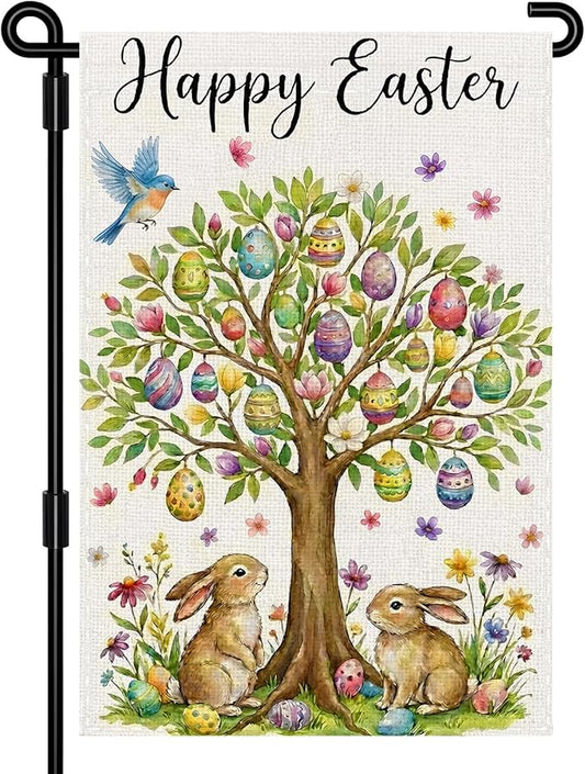 Happy Easter Garden Flag 12 x 18 Inch Double Sided Outside Flag, Easter Eggs Tree Bunny Yard Outdoor Easter Holiday Decoration