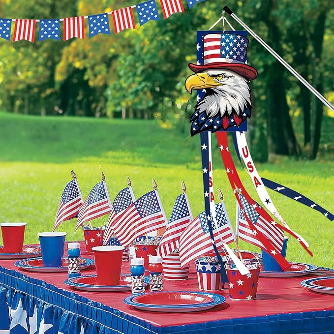40 Inches USA Eagle Windsock Decoration, Patriotic Eagle Head Themed Hanging Outdoor Wind Sock Ornament with Red, White, Blue Streamers, 'USA' Lettering, and Stars for 4th of July, Memorial Day Decor